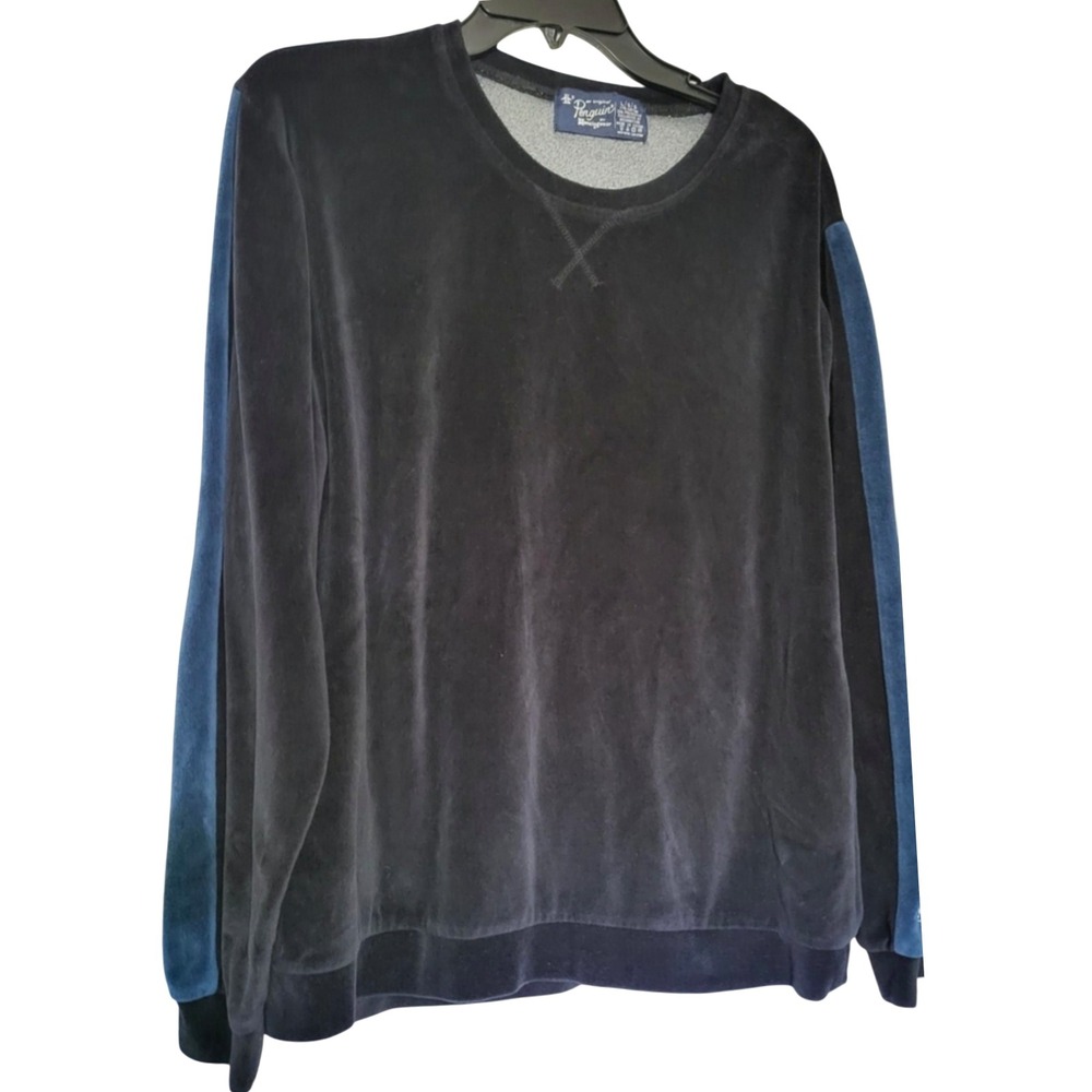 Original‎ Penguin Men's Black Velour Crewneck HipHop Y2K Sweater Large Vintage